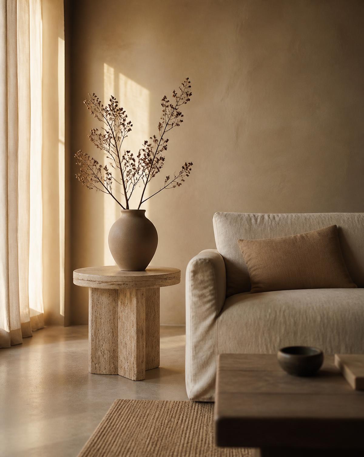 Minimal living room with lime plaster walls, travertine side table and a linen sofa in afternoon light