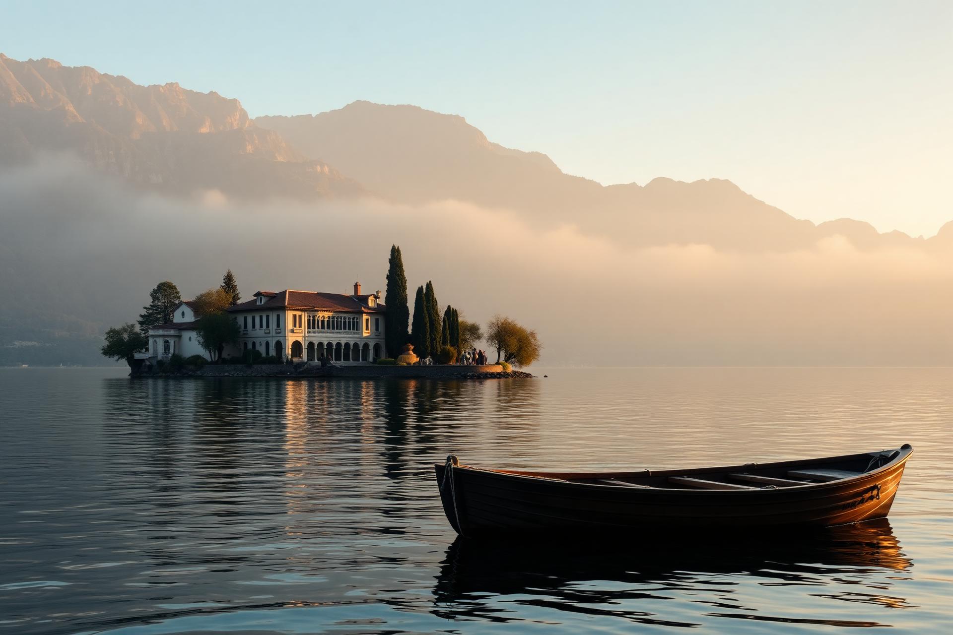 Uferpromenade und Zypressen am Comer See im Morgenlicht