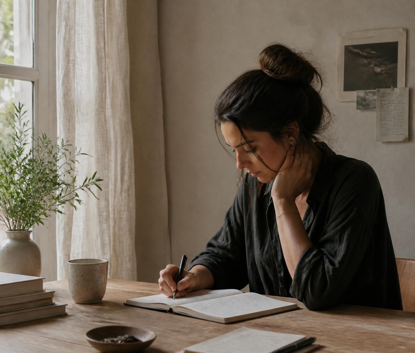 The editor writing in a notebook at a wooden table beside a linen curtain and morning light