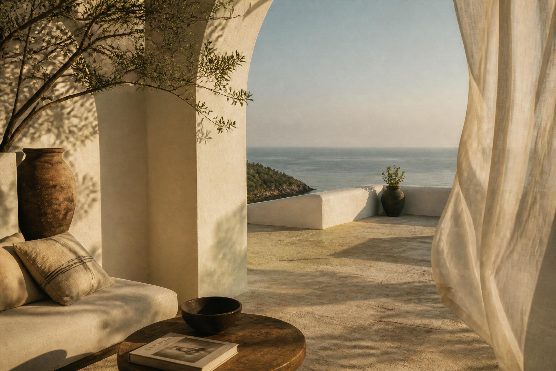 Mediterranean villa terrace in warm morning light, with travertine stone, linen curtain and a view of the sea