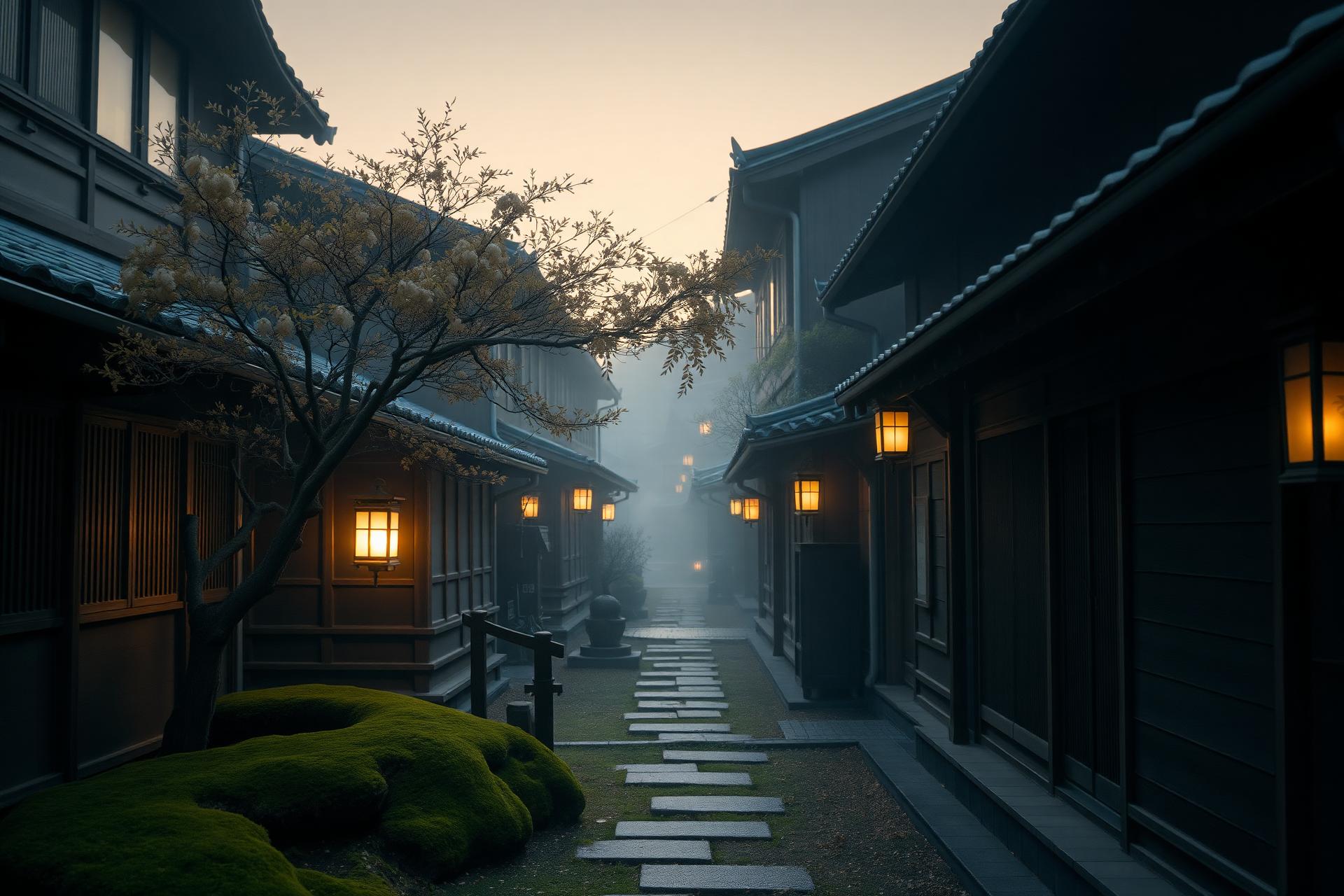 Stiller Tempelgarten in Kyoto am frühen Morgen