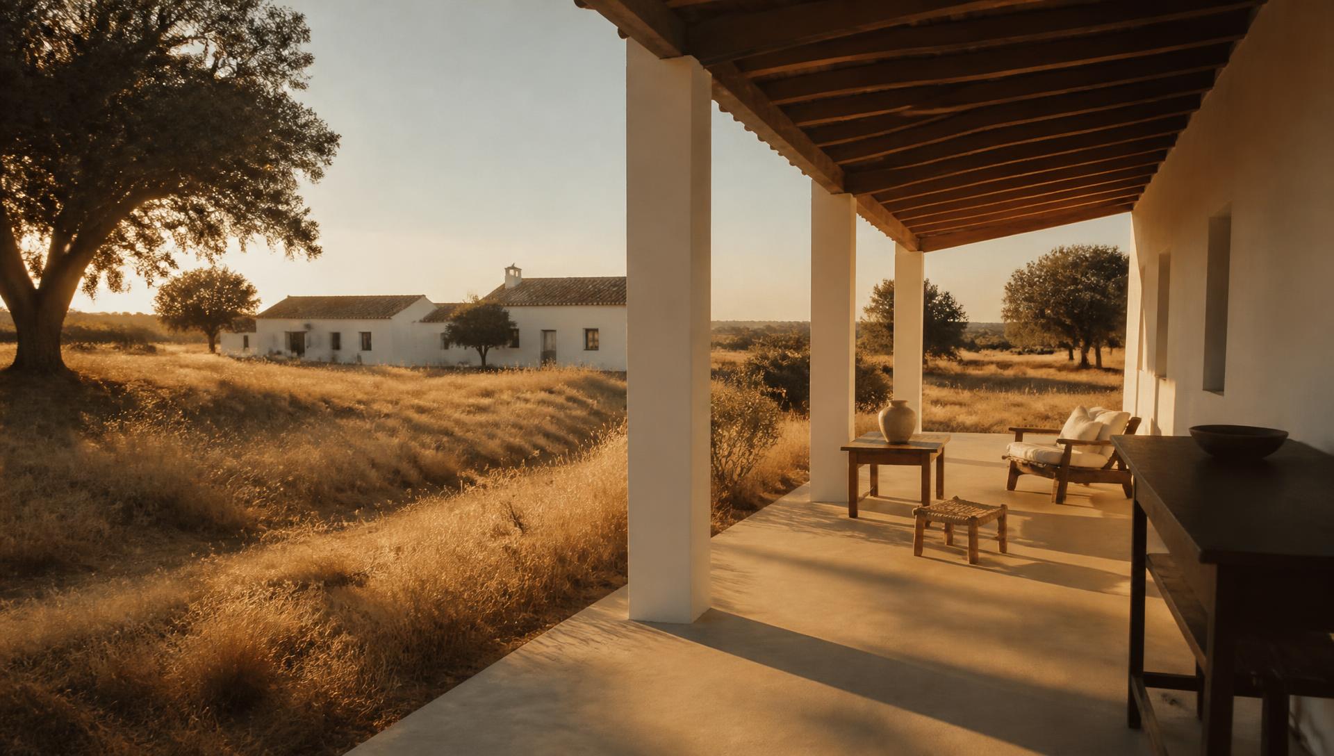 Weite Landschaft im Alentejo mit Korkeichen im Abendlicht